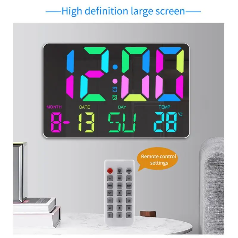 Large Digital Wall Clock Wall Alarm Clock With 11 RGB Light Modes LED Display Alarms Remote Control 12/24H Time Snooze Function