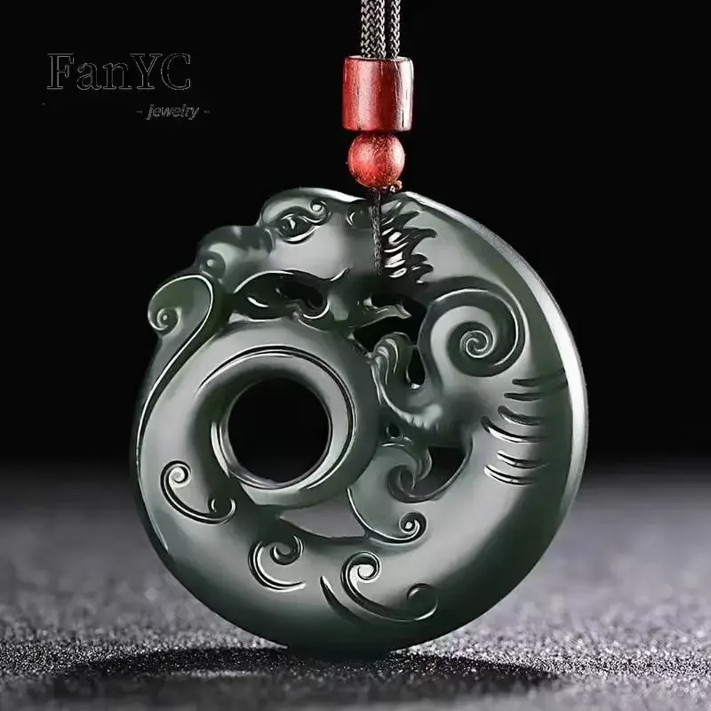 

Natural Hetian Jade Zodiac Dragon Pendant Double-sided Hollow Carving Green Jade Fortune Men's Necklace Lucky Amulet