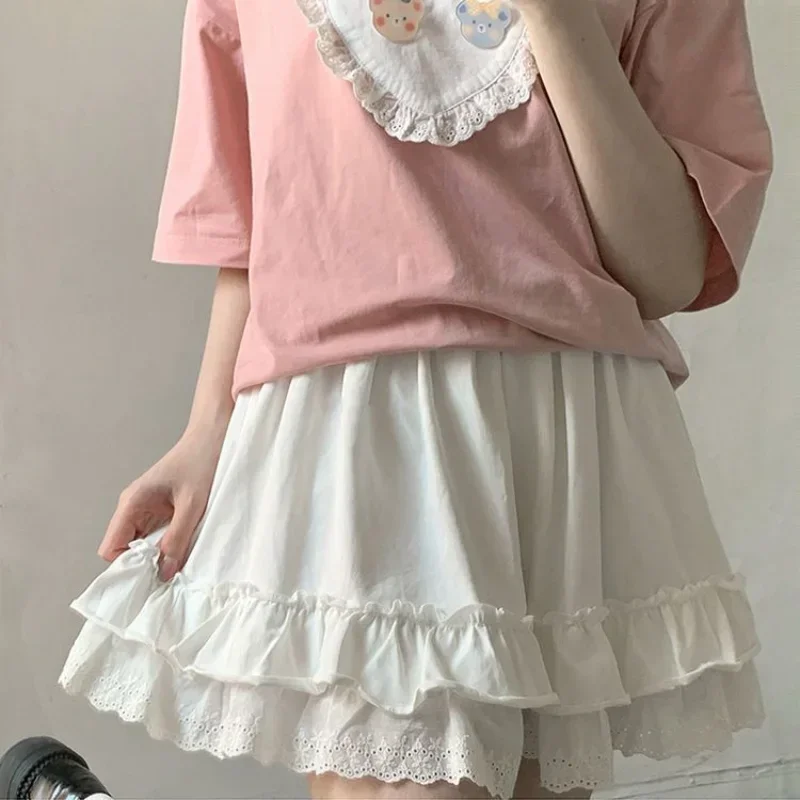 2024 moda coreana renda branca mini saia para mulheres menina a linha saia curta kawaii bonito estilo preppy estudante roupas de cintura alta