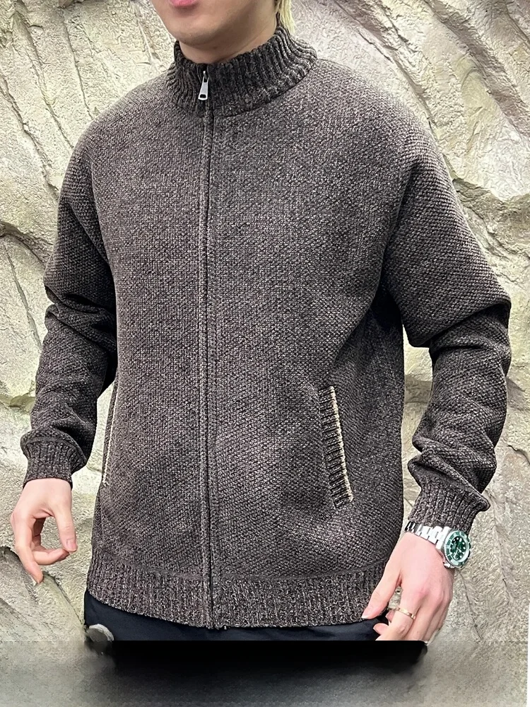 

Thickened Fleece Winter Men's Outdoor Zipper Cardigan Knitted Sweater Stand Collar All-Match Snow Velvet Long Sleeve Warm Bre...