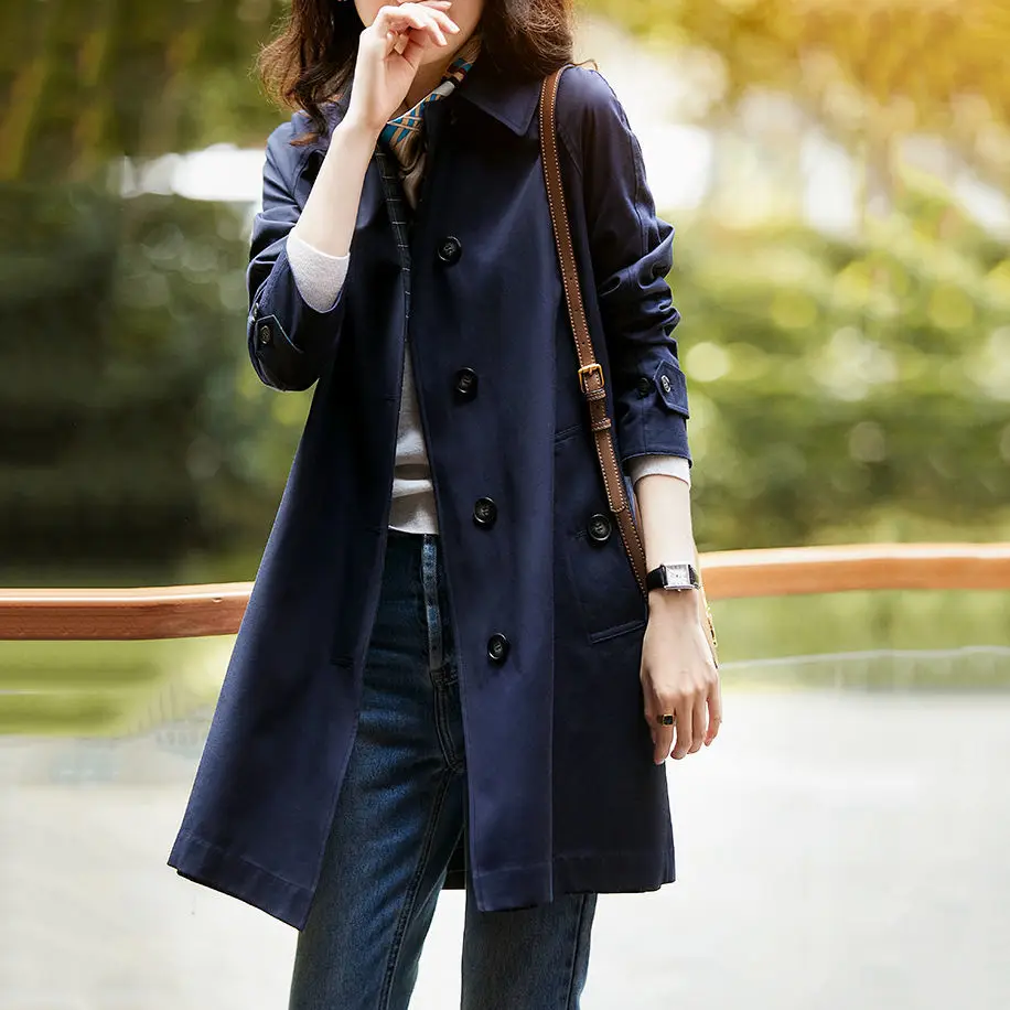 

Trench Coat For Women Spring Autumn Casual High End Mid-length Khaki Windbreaker Female Double Breasted Overcoat 5XL F15