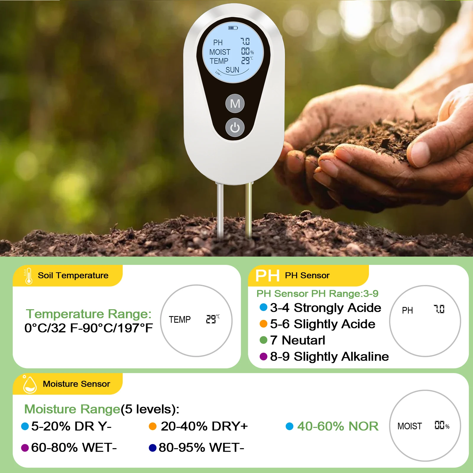 Yieryi садовый pH-метр 4-в-1 цифровой датчик влажности солнечного света и температуры, тестер pH почвы для прямого использования для посадки цветов в горшке