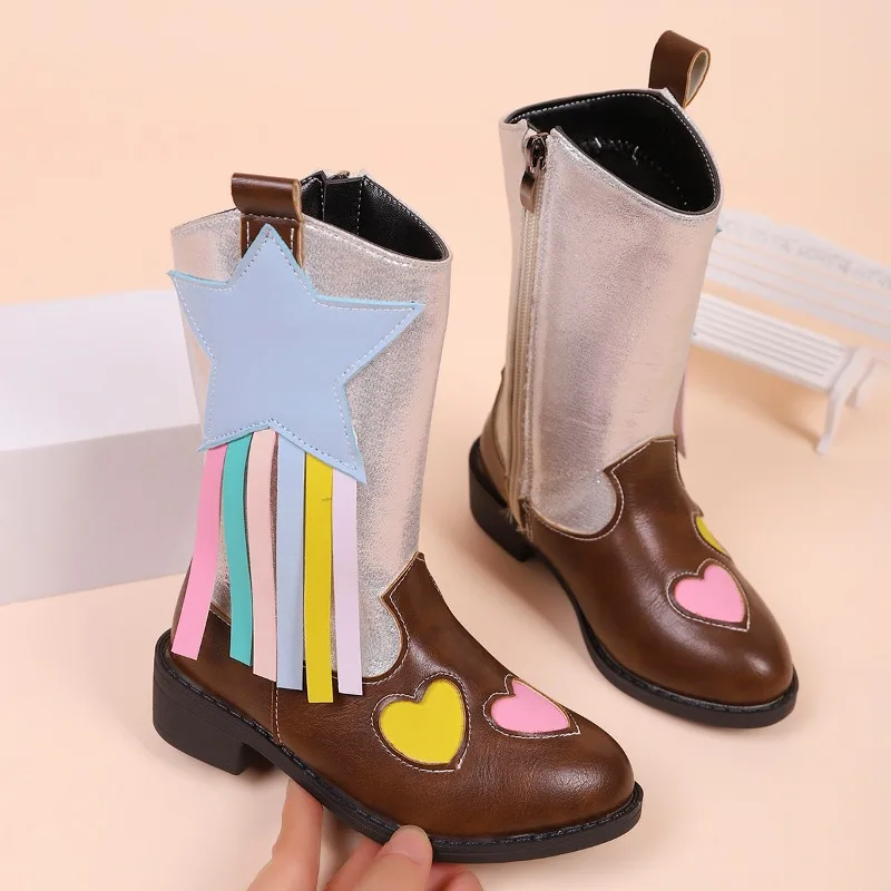 

Girls High Boots Bohemian Style Kids Princess Riding Boots Side Zipper 2025 Autumn Winter New Children Mid-calf Boots Versatile