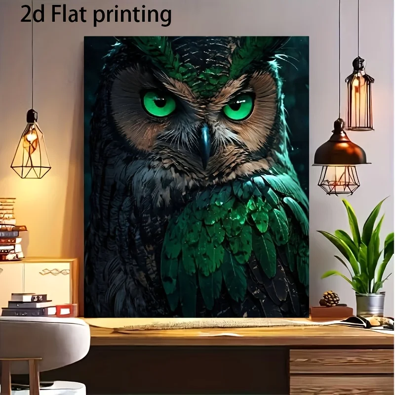 Professional Art Use: 1pc Adult Paint by Numbers Kit, Featuring an Owl with Emerald Feathers and Sharp Eyes. Beginner-Friendly D