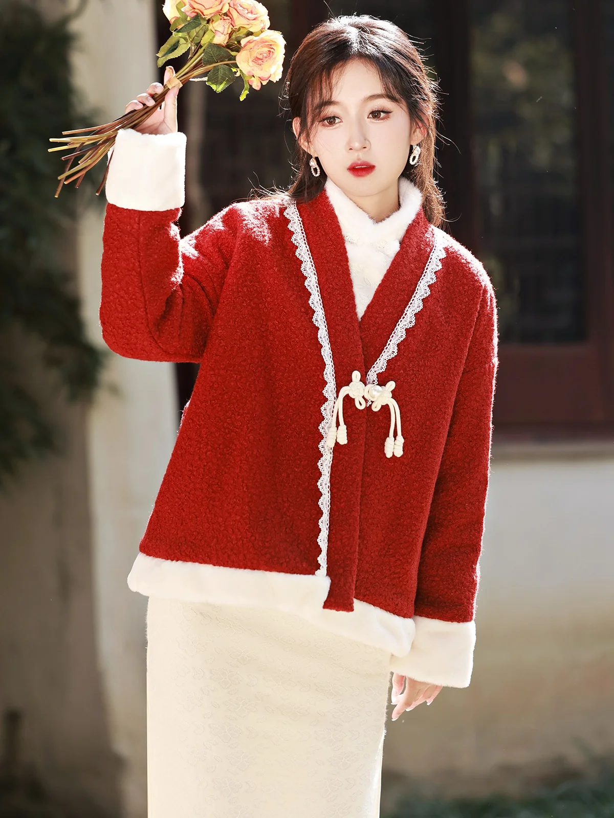 Red Outer Wear Chinese Style Cheongsam Cardigan Shawl Winter Long Sleeve Thick Warm Top Coat Gentle New Year