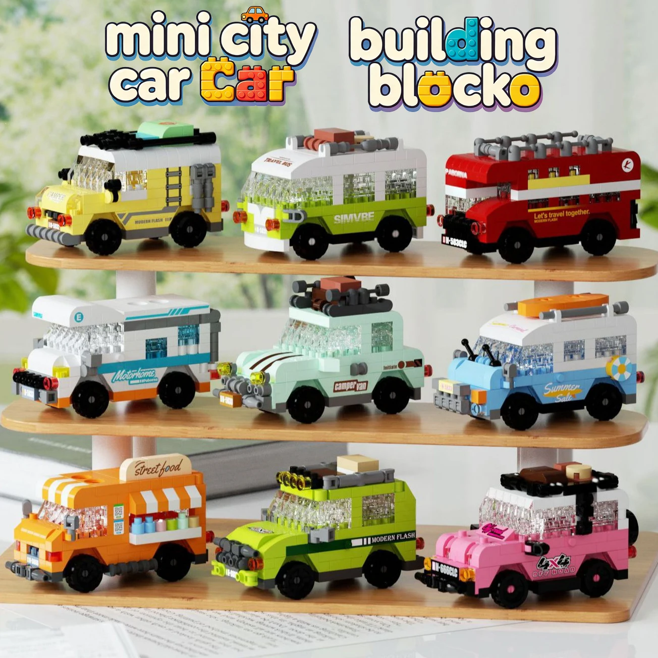 

MOC City Mini Car Micro Building Blocks Holiday Bus Food Truck Camper Van Vehicle Bricks Toys Kids Gift