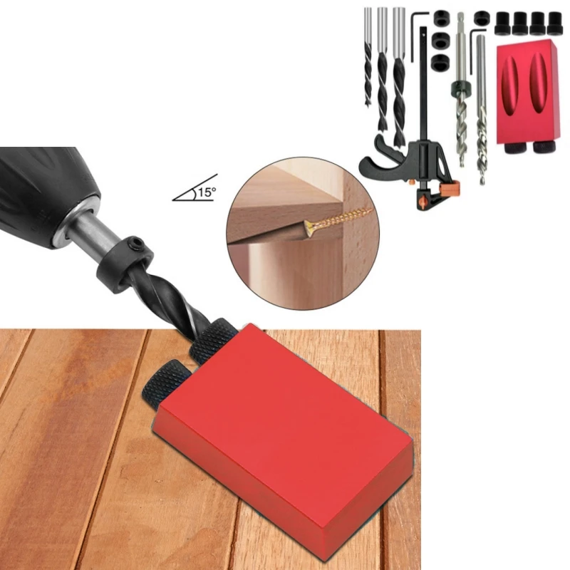 15 Degress Oblique Hole Locator Drill Guide Set Pocket Hole Jig Kit Drill Guide Set Puncher Locator with Hole Locator Fittings