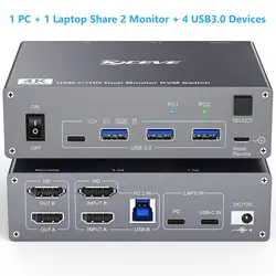 USB C KVM Switch 4K/1080P@60Hz,USB C HDMI Dual Monitor KVM Switch for PC /Laptop Sharing 2 Monitor and 4 USB3.0 Devices, 100W PD