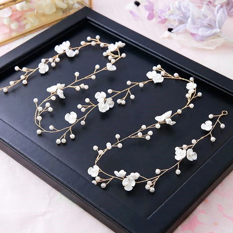 Bridal Wedding Crystal Hair Accessories Pearl Flower Headband Women Bride Tiara Hair Band Clips Handmade Jewelry Head Ornament