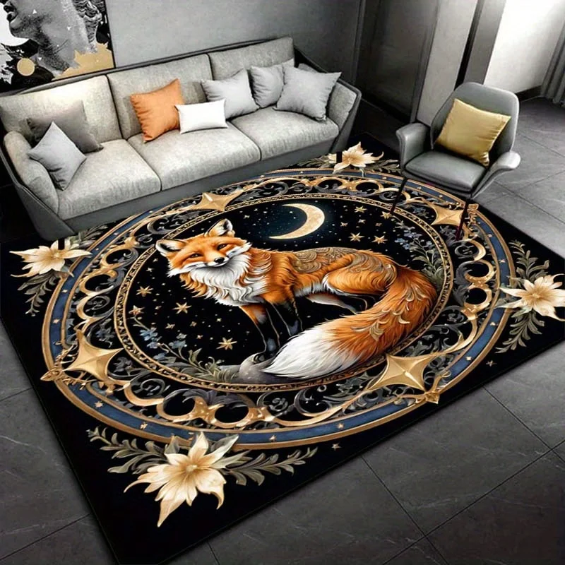 

Fox and Moon Round Rug for Bohemian Interiors - Celestial Theme, Exotic Animal Pattern Anti slip carpet can be machine washed