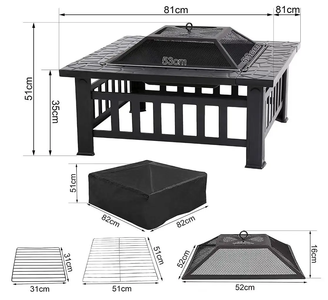 32x32x17Inch Outdoor Metal Wood Burning Square Fire Pit Portable Garden Courtyard Fire Bowl with Spark Screen Log Poker&Cover