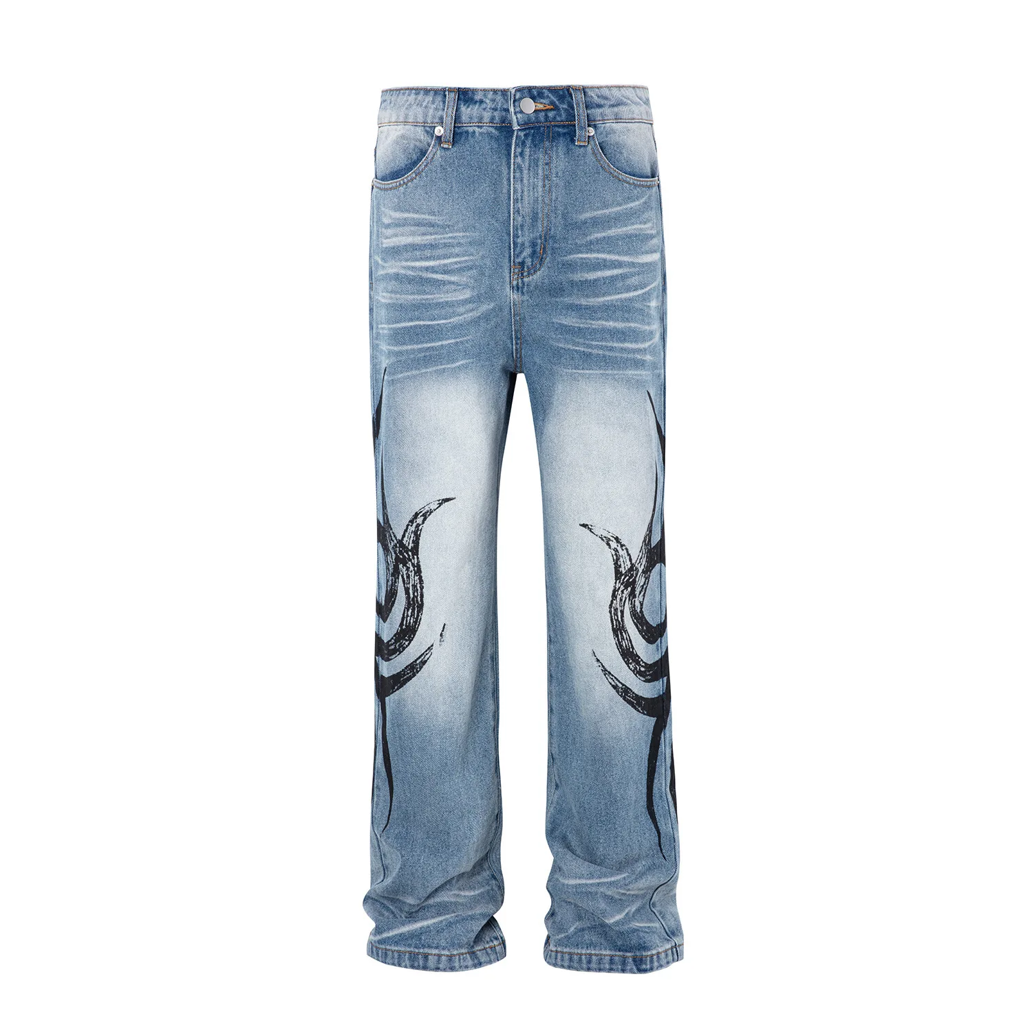 

2025 новые американские уличные синие тяжелые рабочие кошачьи усы, потертые тотемные принты, тонкие расклешенные джинсы, мужские модные