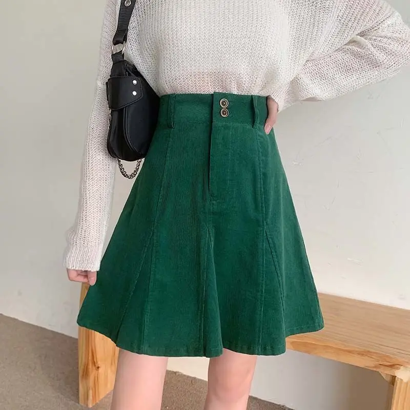 

High Waist Women Pleated Skirt Autumn Spring Fashion Mini Skirts Korean Corduroy Buttons Female Skirt 2024 News Ladies C70