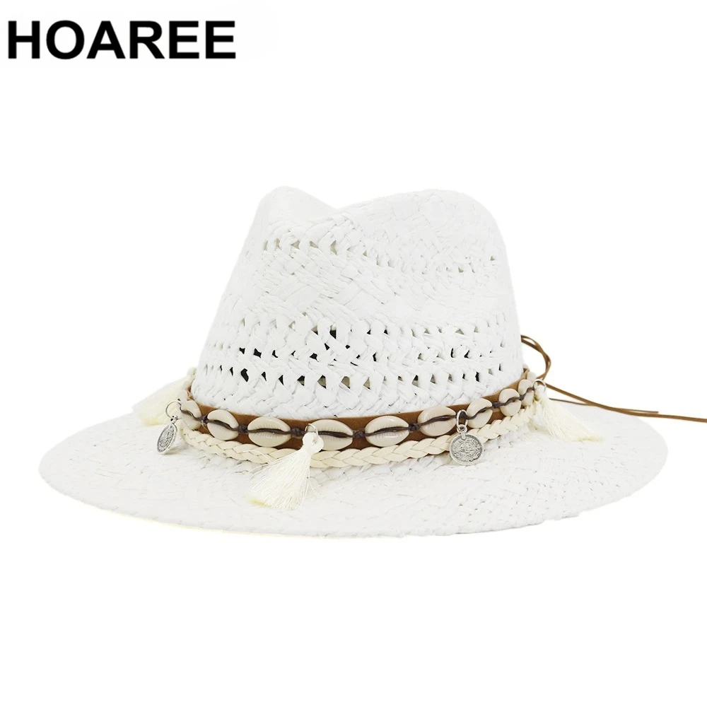 

HOAREE White Womens Summer Hats Panama Sun Hat Men Hand Knitting Hollow Out Straw Hat Beach Outdoor Male Female Summer Hat