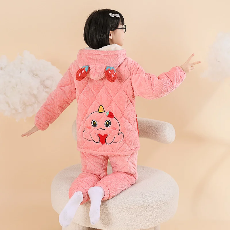 

Autumn Winter Cute Cartoon Children's Pajamas Warm Thickening Coral Fleece Long Wool Flannel Girl Baby Home Wear Suit