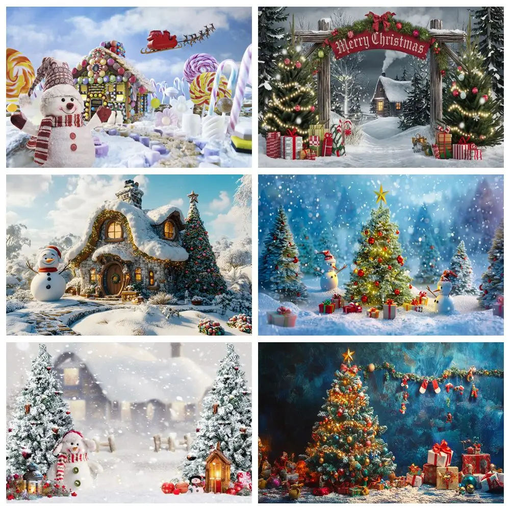 

Winter Christmas Backdrop Outdoor Snow Xmas Tree Gifts House Snowman Christmas Party Baby Kids Portrait Photography Background