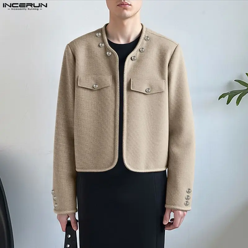 

Men Jackets Solid Color Button Long Sleeve Open Stitch Male Coats Streetwear 2026 Fashion Casual Crop Jackets Men S-5XL INCERUN