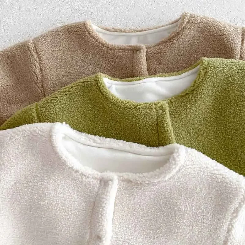 INS Winter Baby Coat 0-3Years Newborn Boy Girl Solid Color Long Sleeve Plush Woolen Fleece Thicken Warm Cardigan Outwear Clothes