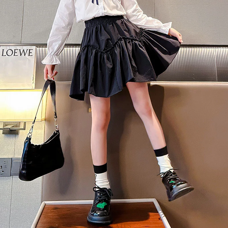 Spring Summer School Girl Ruffled Cake Layered Skirt Kids JK Style Costume For Teens Child Fashion Black Flower Bud Mini Skirt