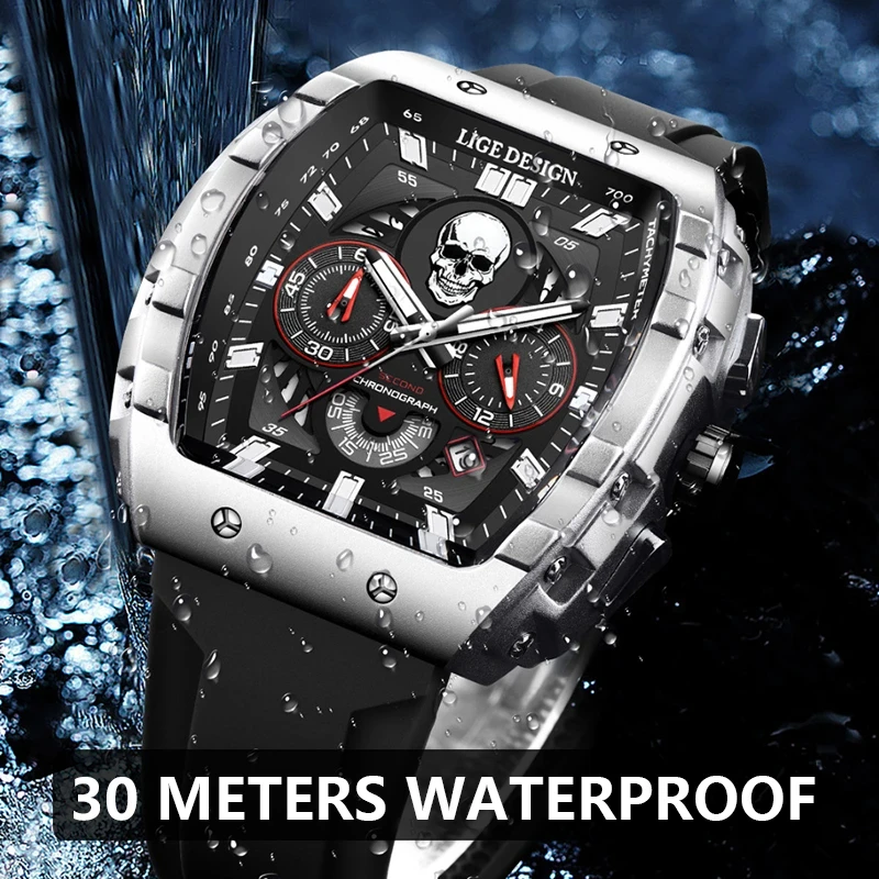 LIGE Brand Watch Men Skeleton Skull Dial Sport Army Watches Mens Fashion Luxury Waterproof Quartz Watch Chronograph Montre Homme