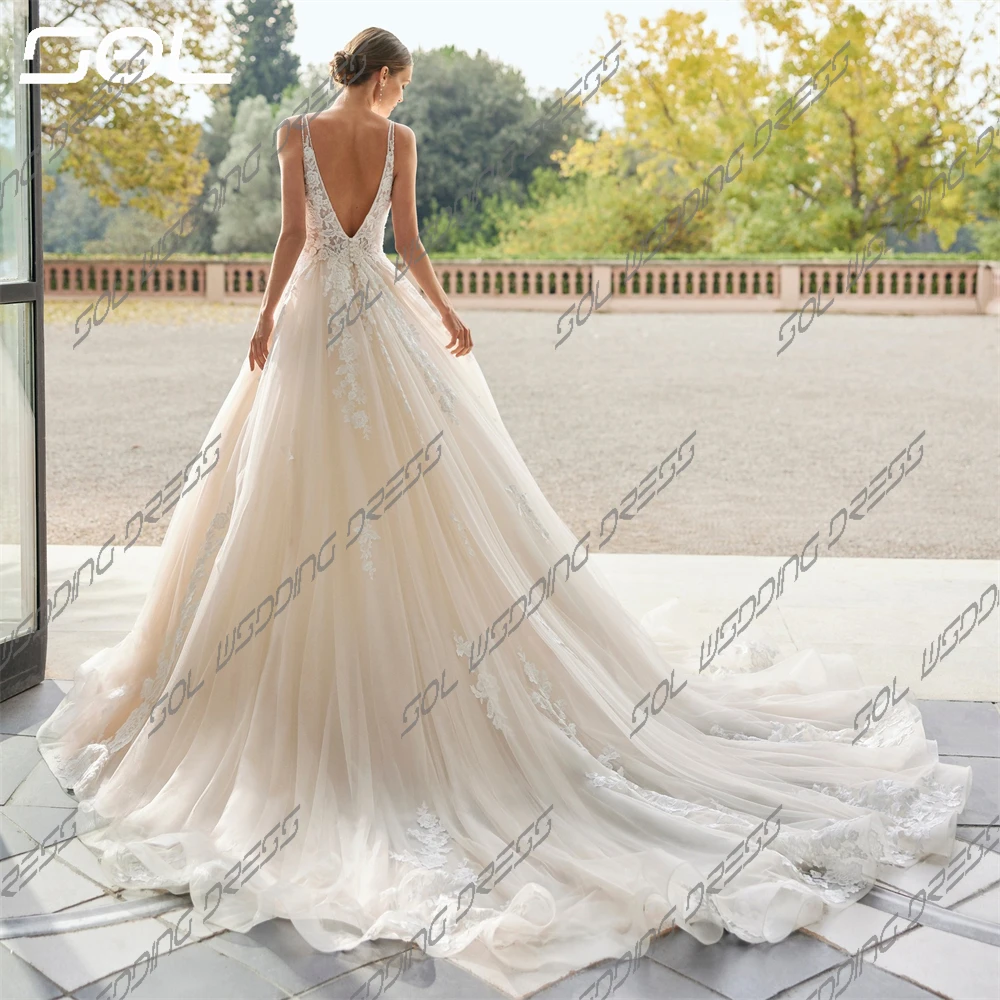 Vestidos de casamento em V profundo, apliques de renda, cintas de espaguete, sem encosto, vestidos de noiva, elegantes, SOL