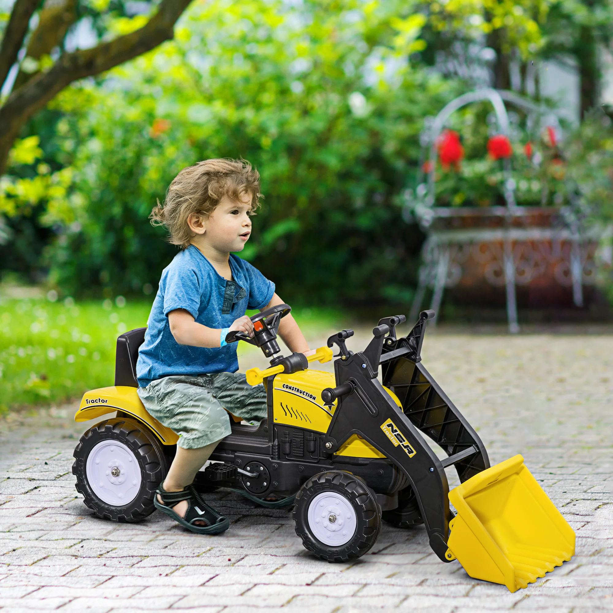 HOMCOM Tractor pedals for children 3 years old front shovel 114x41x52 cm yellow