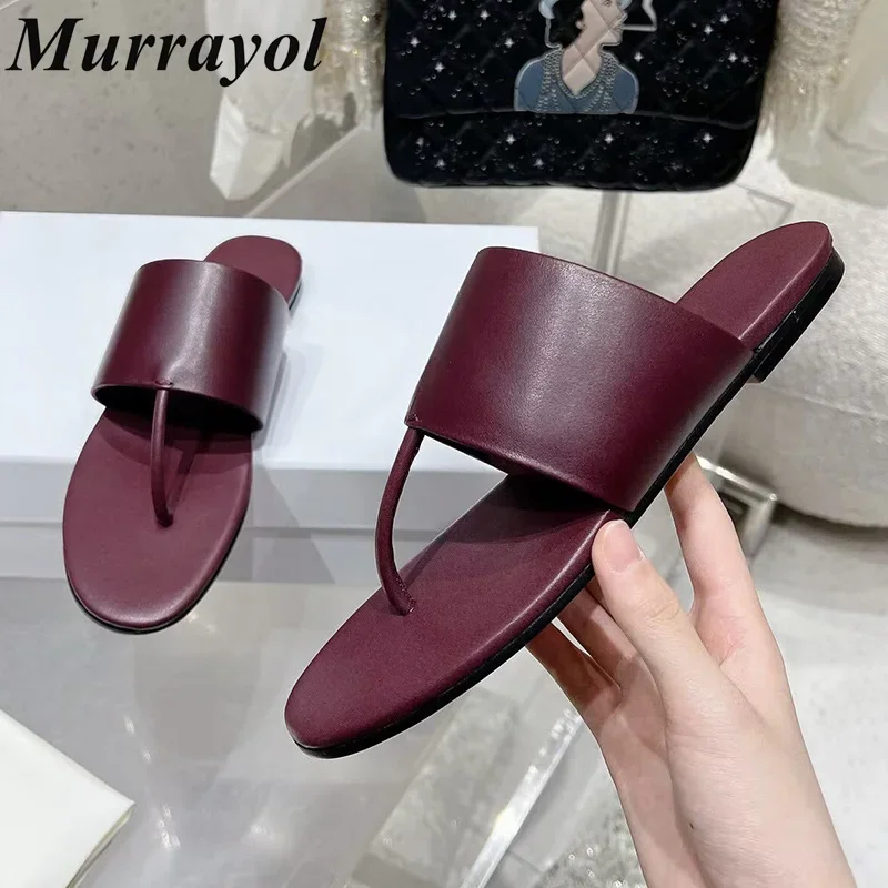 New Pinch Toe Genuine Leather Flat Heels Slippers Women  Solid Color  Thin Hight Heels Slides Summer Seaside Vacation Shoes