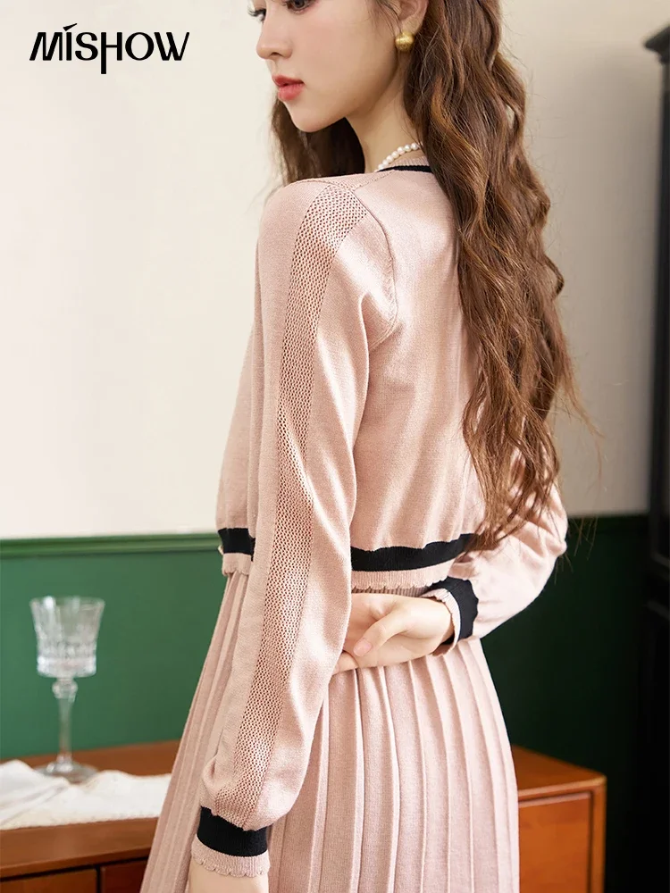 MISHOW Wool Blended Knitted Set Separately 2024 Autumn Hollow Cardigan Top Slim French Pleated Elegant Dresses Sets MXC43T0142