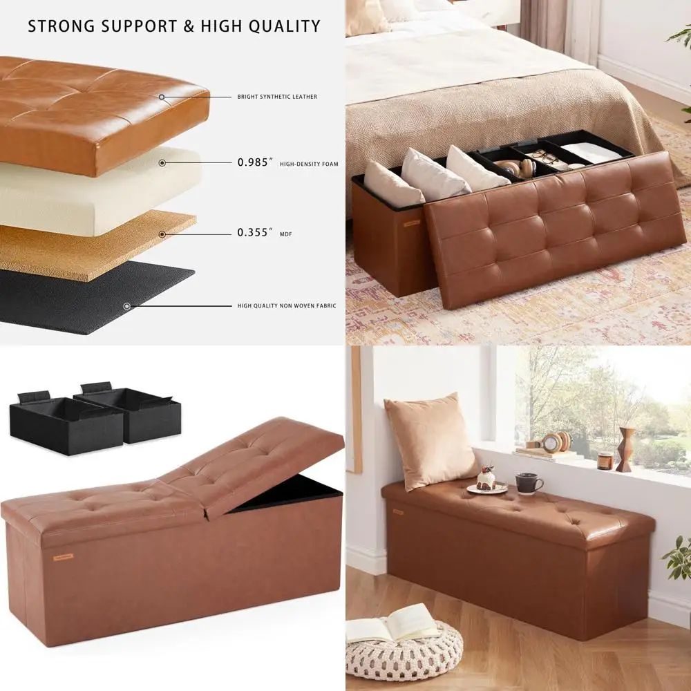 

Brown Leatherette Storage Ottoman Bench, 43.3 Flip-Top Seat, Folding Footrest for Home Entryways and Living Spaces
