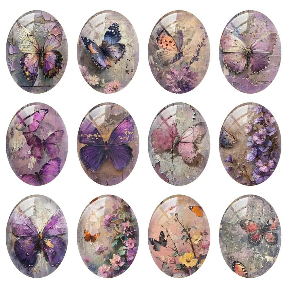 Random Mixed Round/Oval/Square Retro Purple Butterflies Flower Photo Glass Cabochon Flatback Demo Cameo For Diy Jewelry Making