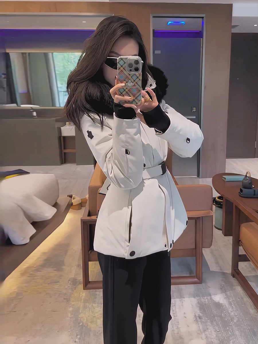 فريد سوبر Sli المرأة أسفل Jaet الشتاء الثلوج التزلج معطف دافئ الخصر مقصوص كبير الفراء طوق فو الفراء معطف مقنع