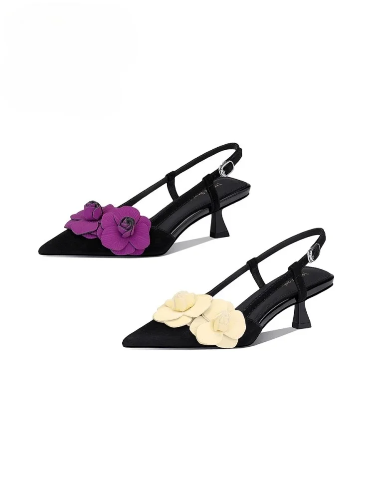 

2025 Women's High Heels Sheepskin Pointed Middle Heel Flower Temperament Elegant Fashion Women's Shoes