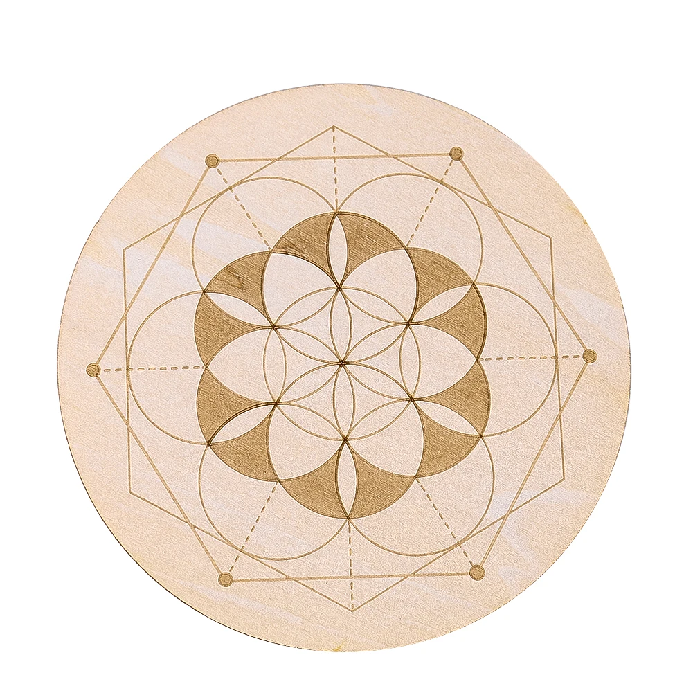 10cm Natural Round Wooden Board Laser Engraved Hexagonal Mandala Crystal Display Board Tarot Card Wiccan Divination Plate