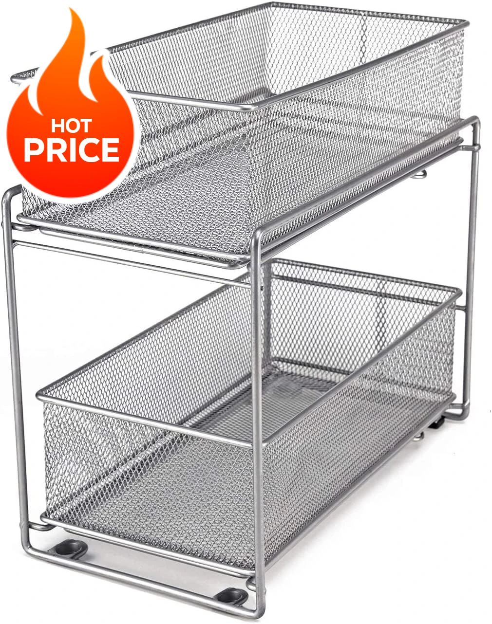 

2 Tier Sliding Basket Stackable Cabinet Pull-Out Drawer Mesh Organizer for Kitchen Under Sink Storage