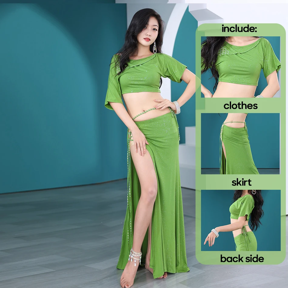 Belly Dance Practice Clothes 2 Pieces Set Top and Long Skirt Short Sleeves For Adult Women Training Outfit Modal Beginner