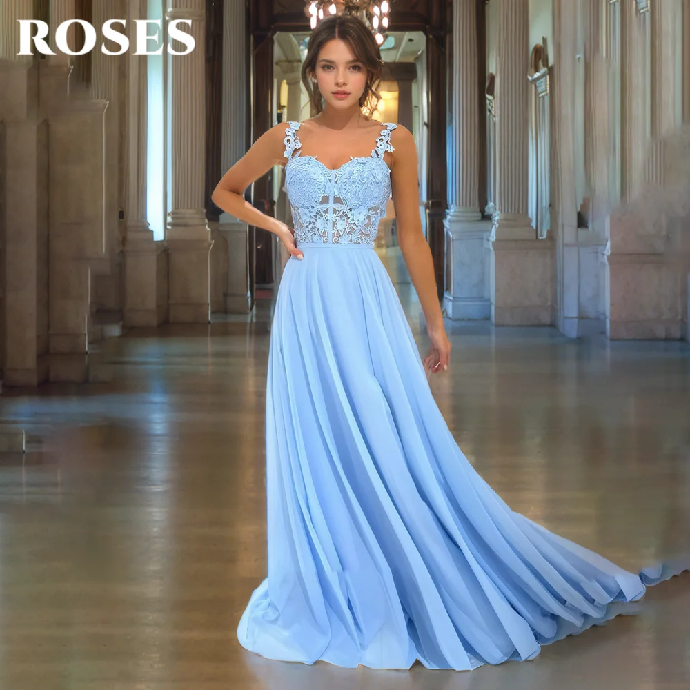 

ROSES Sky Blue Elegant Prom Dresses Sweetheart Backless Hollow Prom Gown with Fishbone Satin Applique Formal Gown Customized