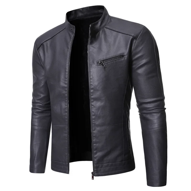 Men Autumn Winter Locomotive PU Leather Jacket Stand-up Collar Long Sleeve Zipper Coat - Image 3