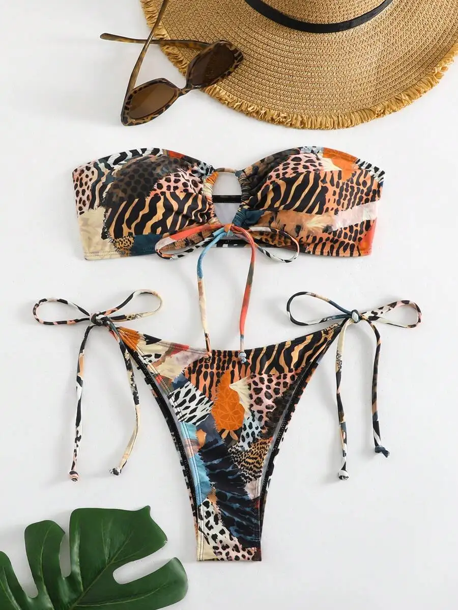 

2025 New Women's Swimsuit Summer Swimwear Bikinis Sets Sexy Leopard Print Strapless Bikini 2 Piece Set Women Split Beach Bikini