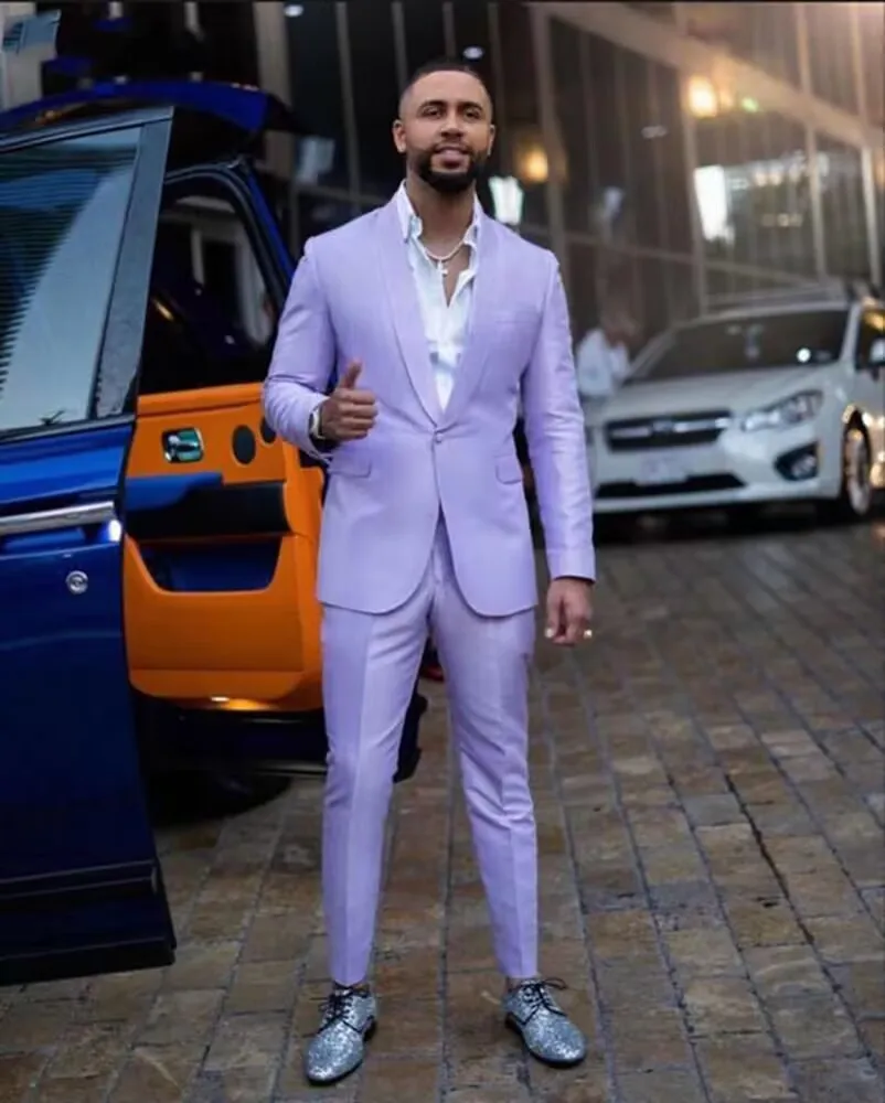 Slim Fit 2 Piece Light Purple Men Wedding Suit Casual Groom Tuxedos Shawl Lapel Prom Blazer Business Suits Set(Jacket+Pants)