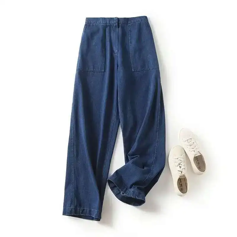 FANAN Temperament Denim 2 Piece Set Women's Lapel Belt Gathered Waist Jackets+high Waist Straight Loose Pants 2025 New Suits