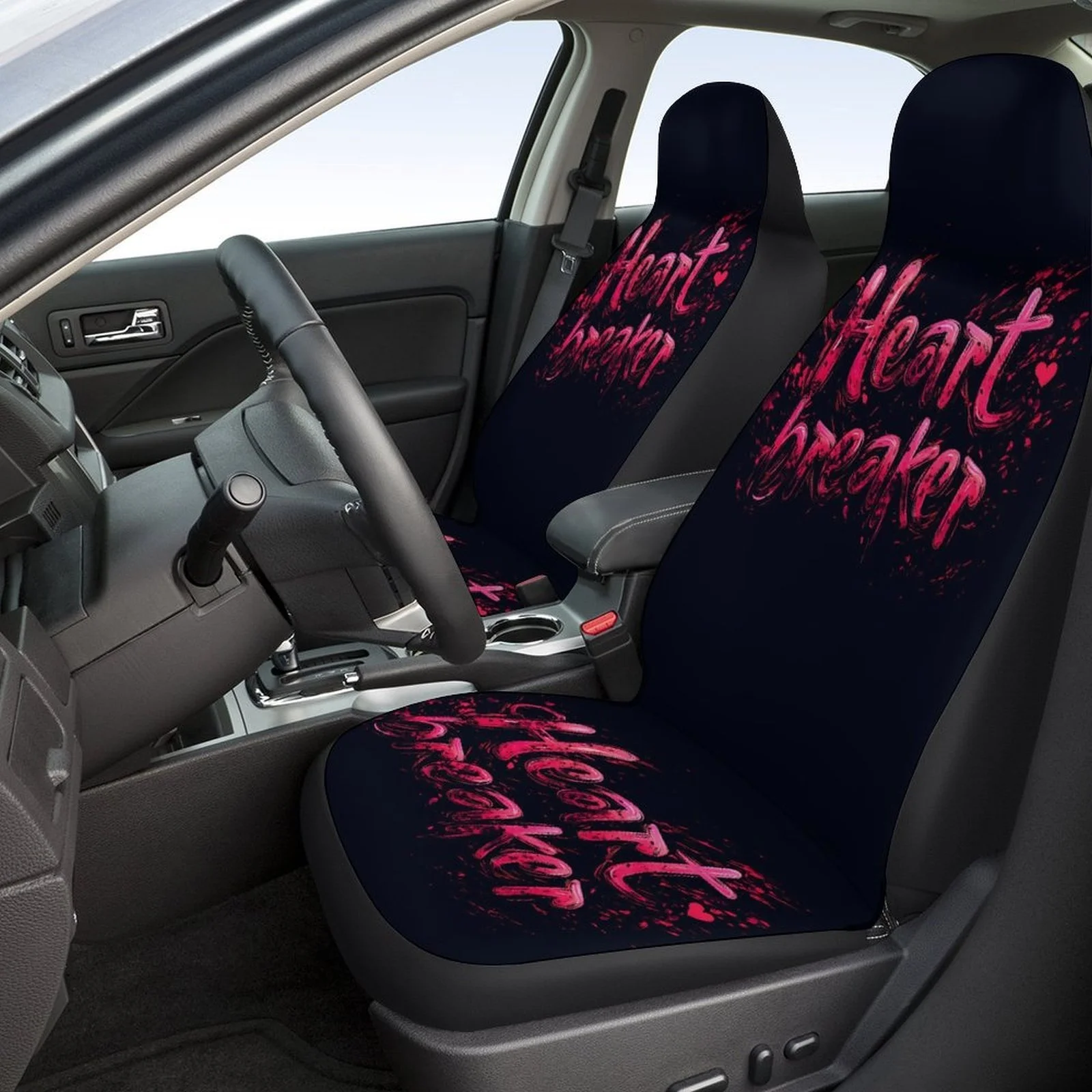 

2pcs Car Seat Covers - Breathable, Non-Slip Front Seats With Trendy "HEART BREAKER" Letter Design In Pink & Black, Stylish Inter