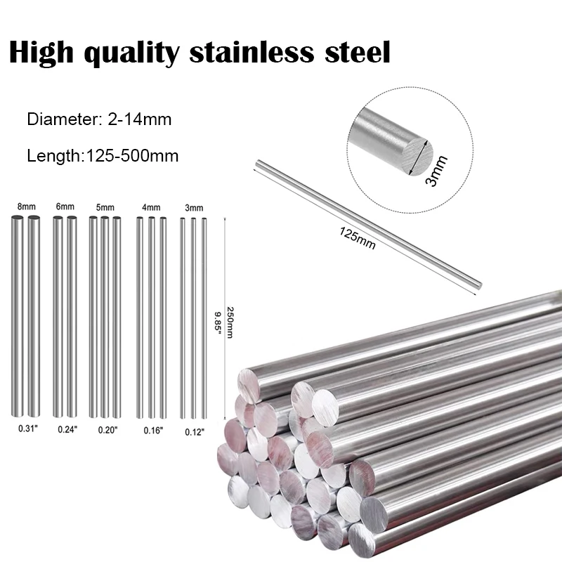 1/5Pc Stainles Steel Solid Round Rod Lathe Bar Stock Assorted for DIY Craft Tool Diameter 2mm 2.5mm 3mm 4mm 5mm 6mm 8mm 10mm14mm