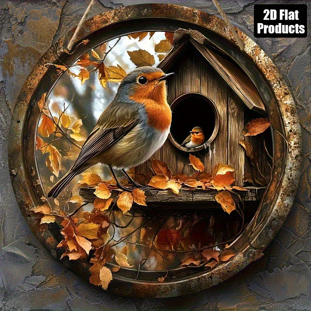Flaches, kreisförmiges 2D-Holzschild mit Vogelthema, geeignet für die Dekoration in Bars, Küchen, Cafés, Familienzimmer und Wohnzimmer