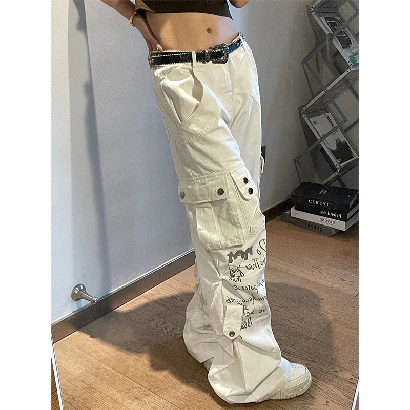 MEXZT Y2K 2000S Cargo Jeans Women Harajuku Vintage Print Wide Leg Denim Pants Streetwear Hip Hop White Baggy Straight Trousers