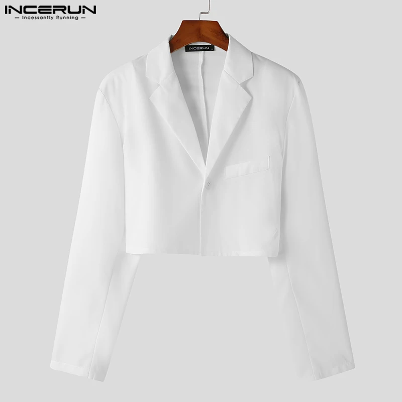 INCERUN Men Blazer Solid Color Lapel Long Sleeve Streetwear Casual Suits Autumn One Button 2023 Fashion Male Crop Coats S-5XL