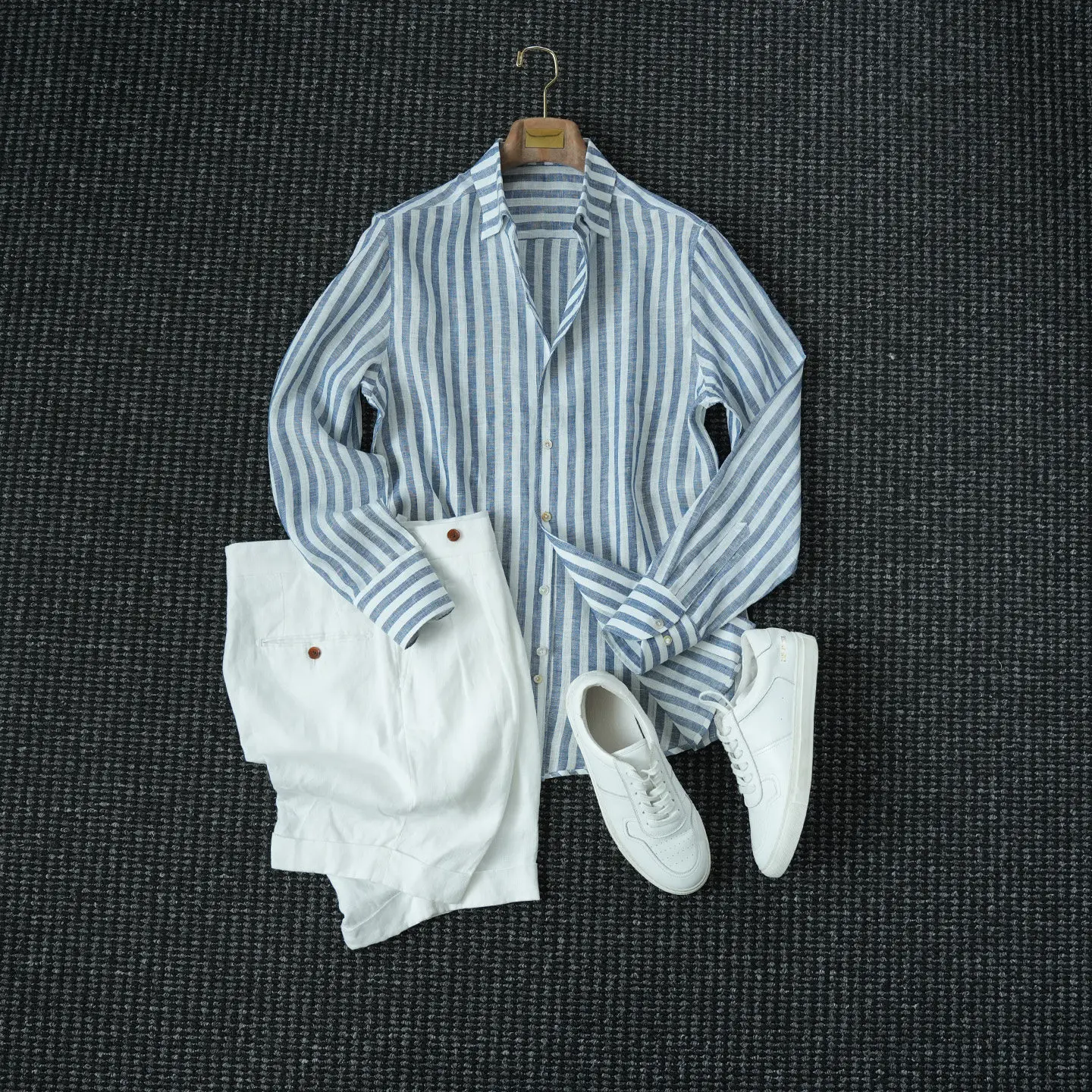 

Spring and summer 100% linen eagle grab button one piece collar striped shirt men's gentleman old money breathable shirt