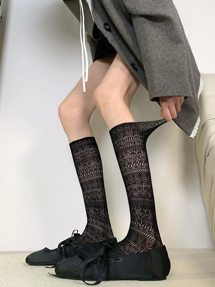 Women's Lolita Socks Transparent Mesh Hollowed Out White Pile Stocking JK Silk Retro Flower Breathable Crew Socks Woman