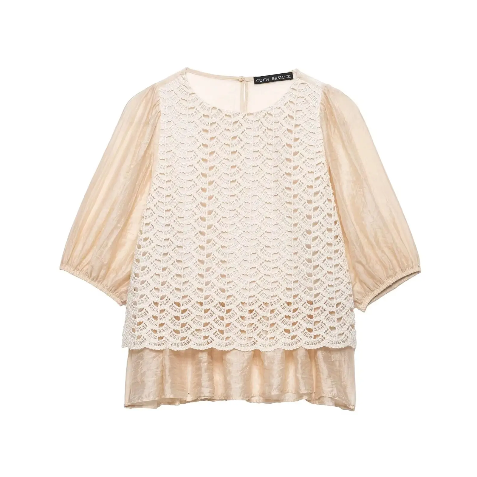 Willshela Women Fashion Khaki Hollow Out Patchwork Blouse Vintage O-Neck Half Sleeves Female Chic Lady T-Shirts