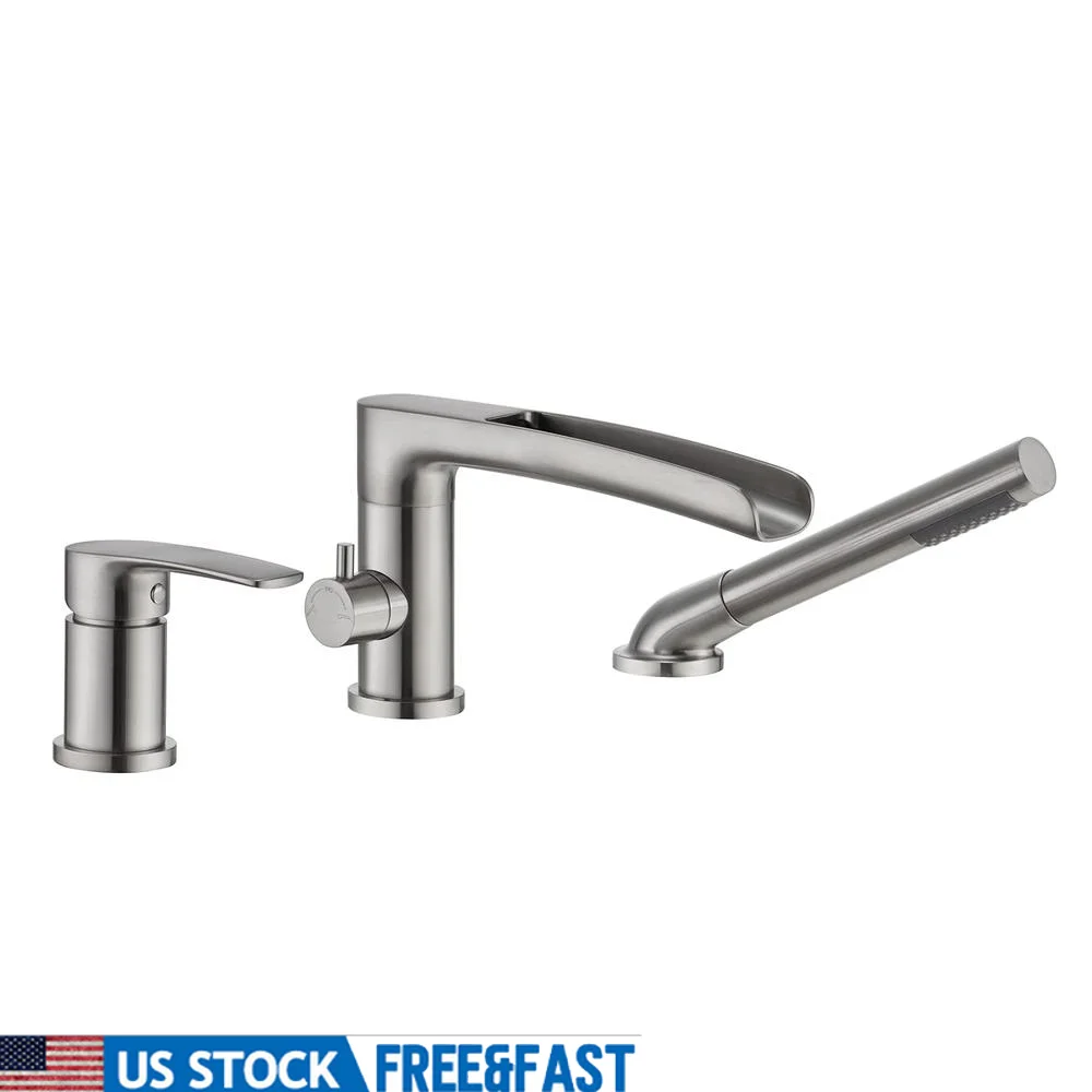 Brass Tub Filler Faucet Brushed Nickel Waterfall Roman Tub Faucet with Hand Shower