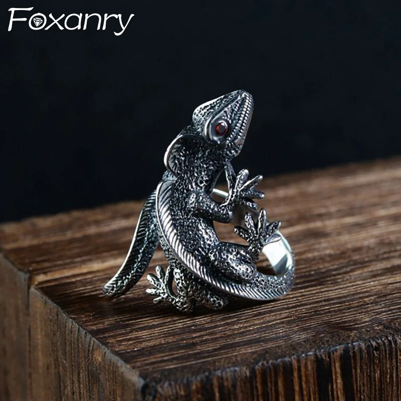 FOXANRY خمر اليدوية الحيوان خواتم للنساء الأزواج INS الموضة الإبداعية الأحمر العينين السحلية الدائري حفلة عيد ميلاد مجوهرات هدايا